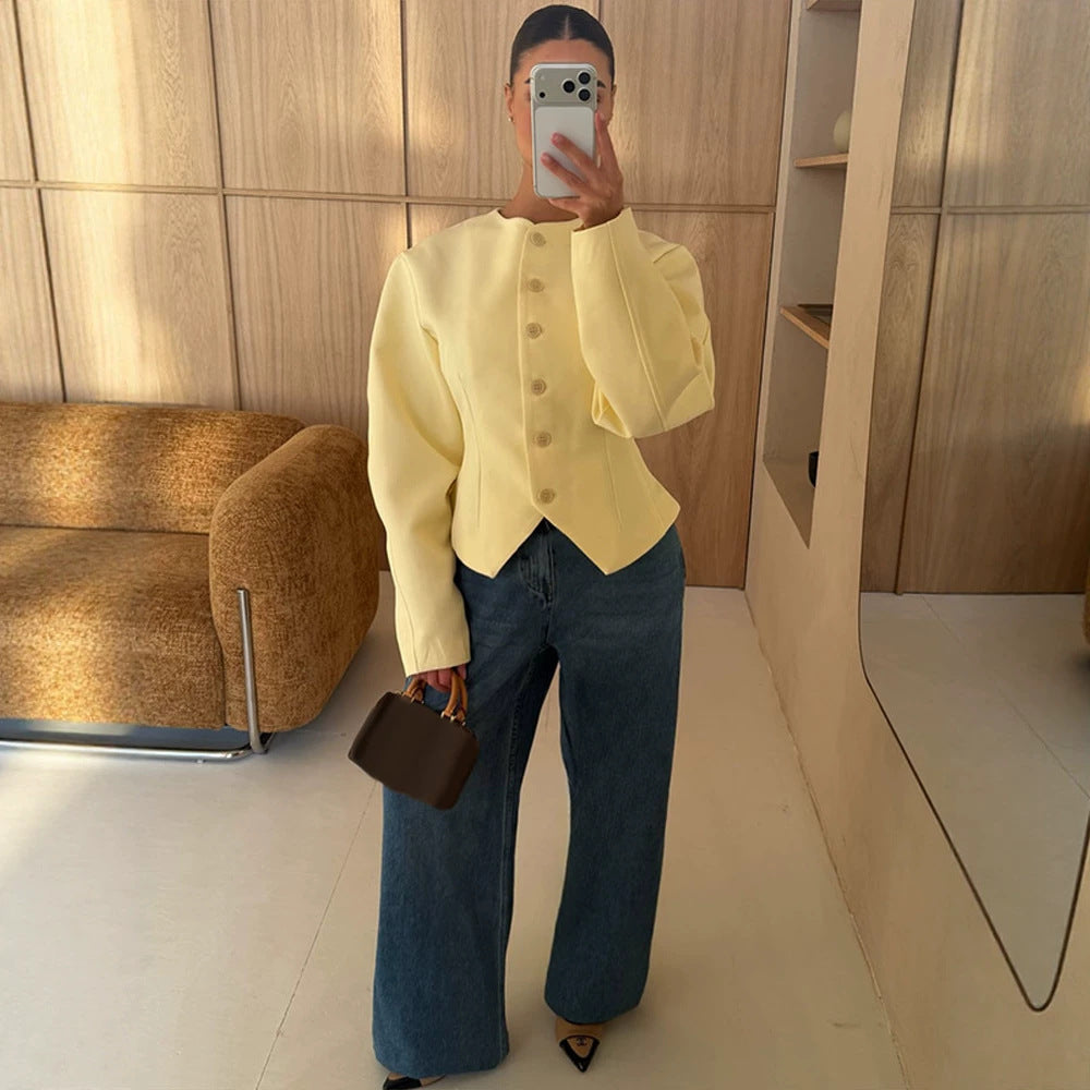 Women's Tailored Structure Jacket with Asymmetrical Dipped Hem and Balloon Sleeves Mune Fashion