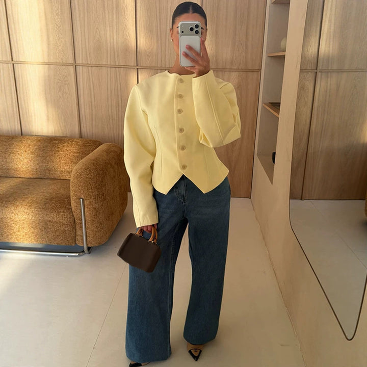 Women's Tailored Structure Jacket with Asymmetrical Dipped Hem and Balloon Sleeves Mune Fashion