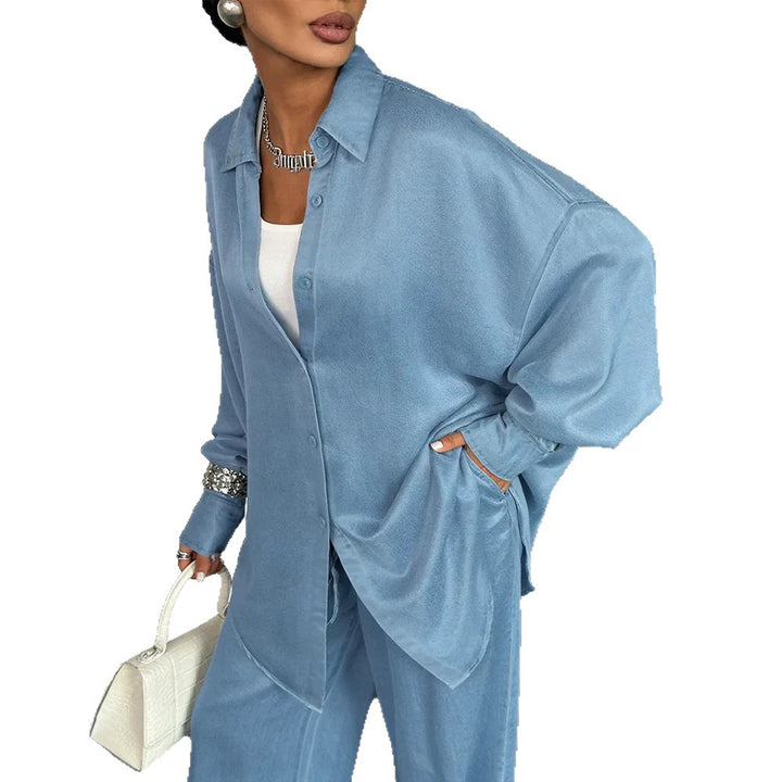 Women's Two-Piece Oversized Shirt and Palazzo Set in Flowing Denim Look Drune