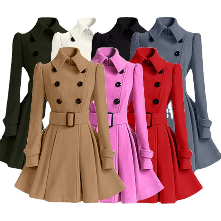 Women's Tailored Double-Breasted A-Line Coat with Tie Belt and Flared Skirt Mune Fashion