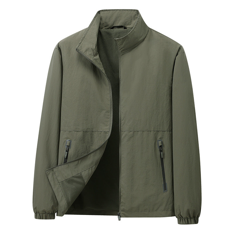 Men's Lightweight Windbreaker Outdoor Jacket with Stand Collar, Two-way Zipper and Concealed Pockets Mune Fashion