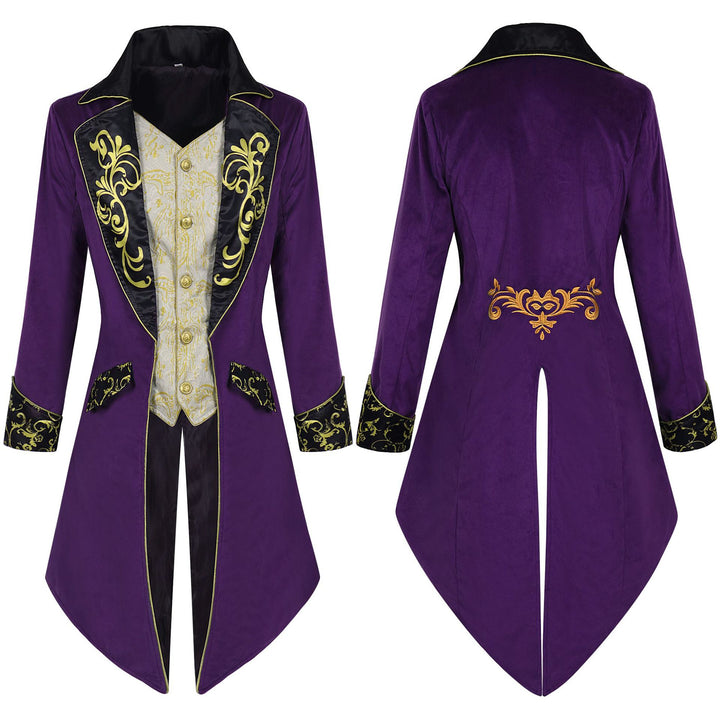 Men's elegant tailcoat in Baroque style with gold-embroidered lapels and split tail.