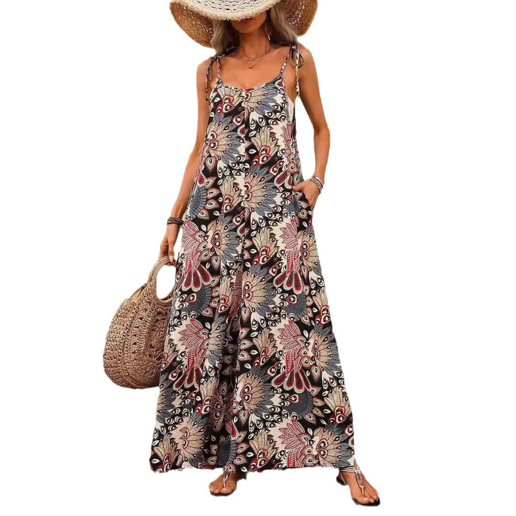 Women's Wide Palazzo Jumpsuit with Adjustable Straps, Side Pockets and Boho Print Mune Fashion