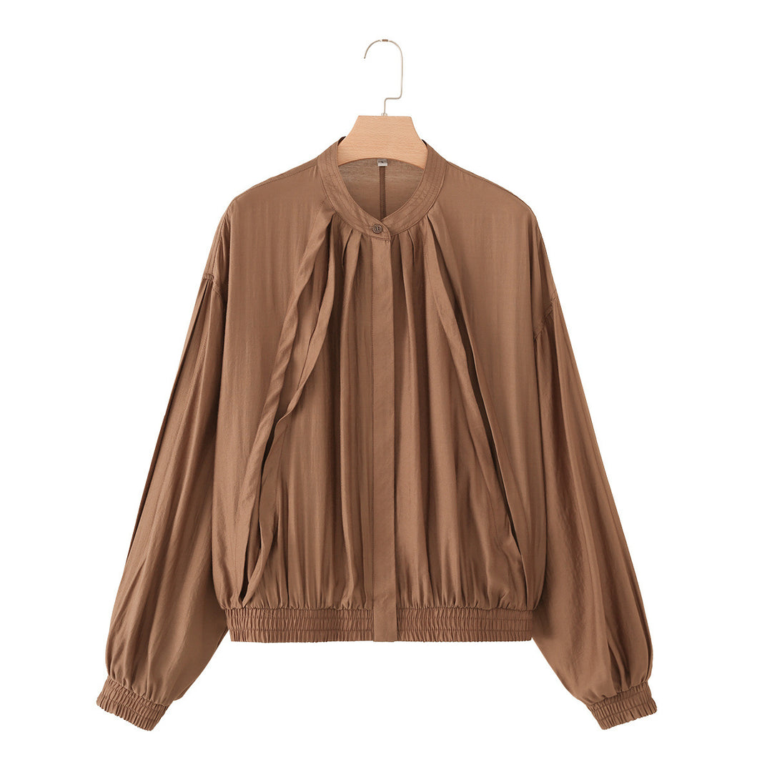 Women Lightweight Cropped Blouson with Pleated Yoke, Stand Collar, and Elastic Waistband