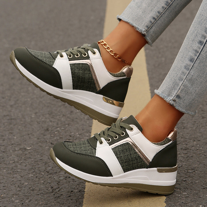 Women's sporty wedge sneakers with textured knit mix padded comfort insole and gold accents Mune Fashion