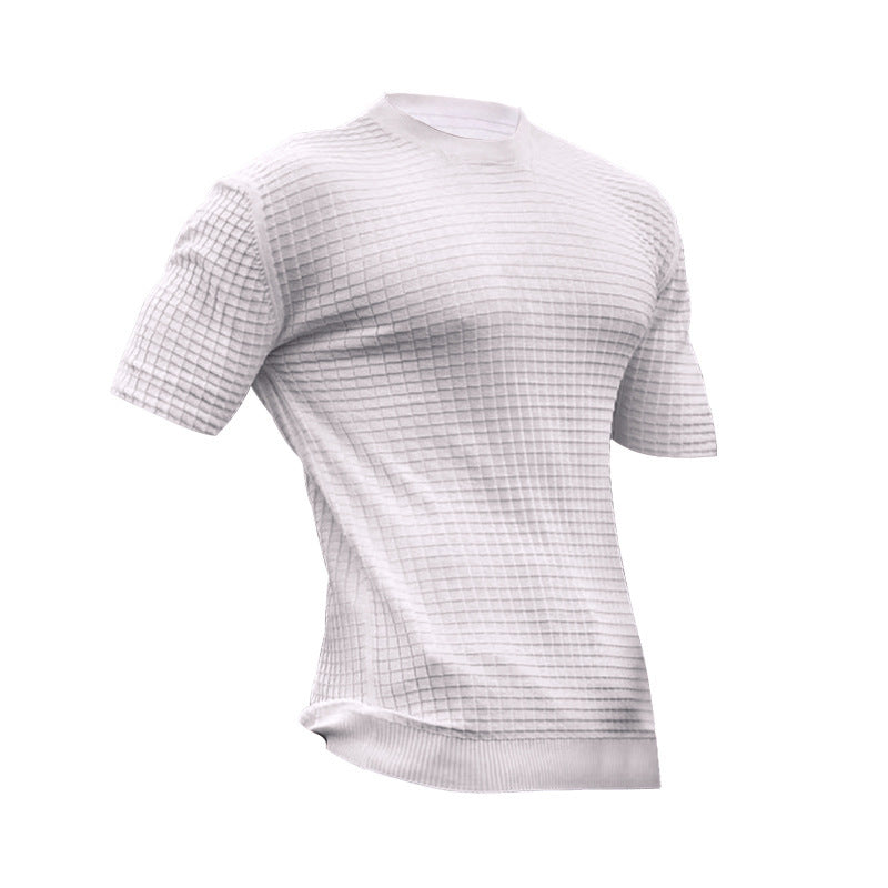 Men's waffle structure short sleeve knit shirt with slim fit and elastic rib hem Mune Fashion