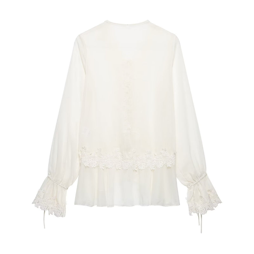 Women Romantic Chiffon Blouse with Lace Trim, V-Neck and Ruffle Layers Mune Fashion