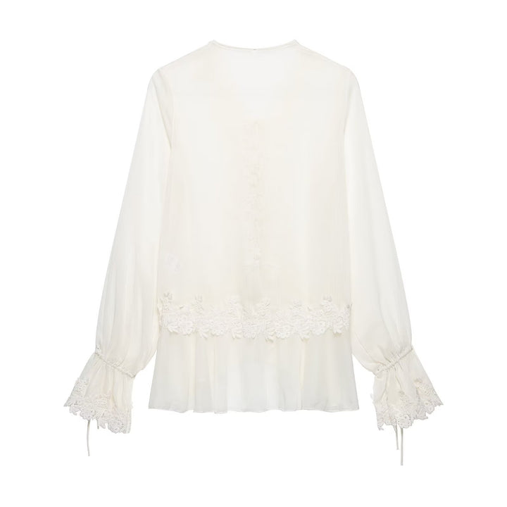 Women Romantic Chiffon Blouse with Lace Trim, V-Neck and Ruffle Layers Mune Fashion