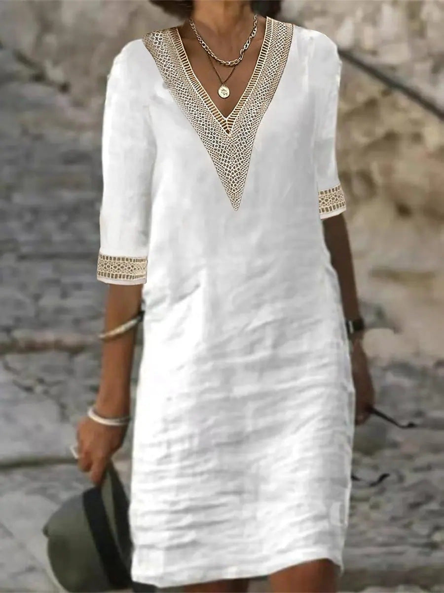 Ladies Linen Look Midi Dress with Crocheted V-Neck and 3/4 Sleeves Mune Fashion