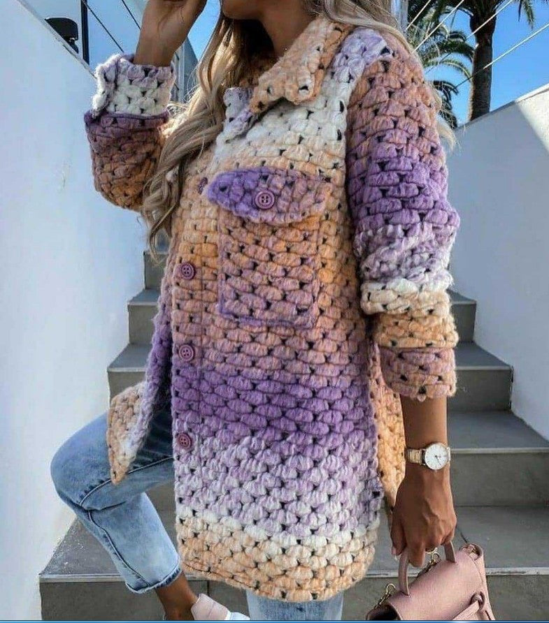 Women Crocheted Oversized Cardigan with Gradient, Button Placket and Patch Pockets Mune Fashion