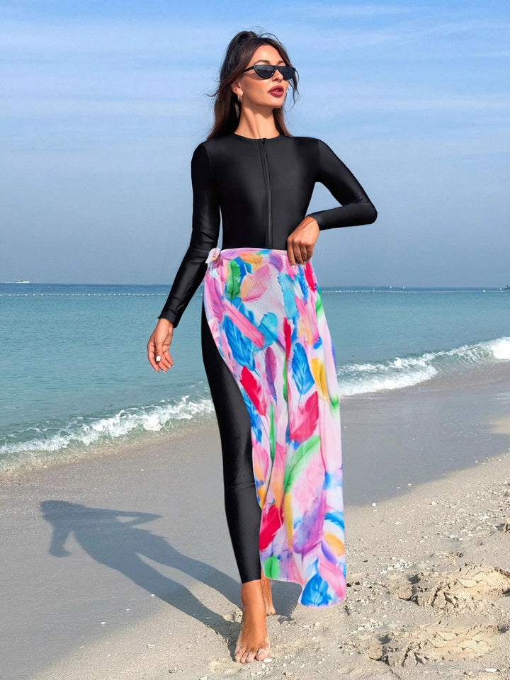 Ladies' fashionable swimsuit with long sleeve and elegant wrap skirt Mune Fashion