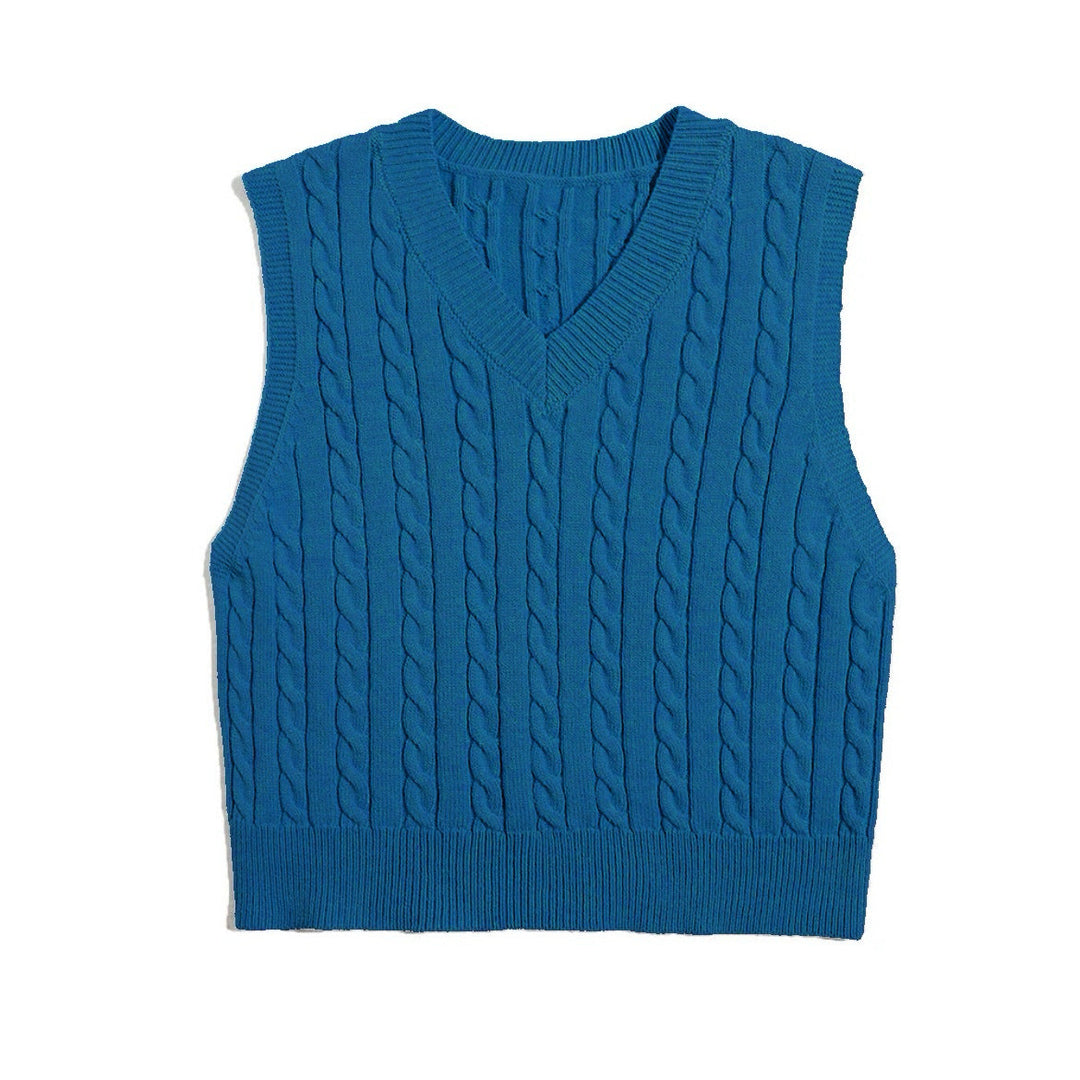 Ladies' Knit Vest with V-Neck and Cable Pattern Mune