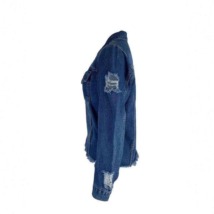 Ladies short cut denim jacket in trucker style with fringe detailing Mune Fashion