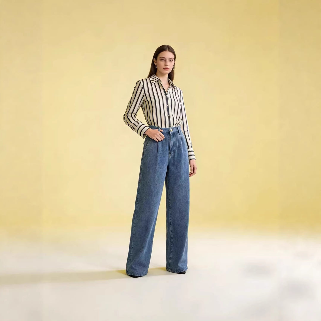 Women’s high-waisted pleated wide-leg jeans with a high waistband and belt loops Mune Fashion