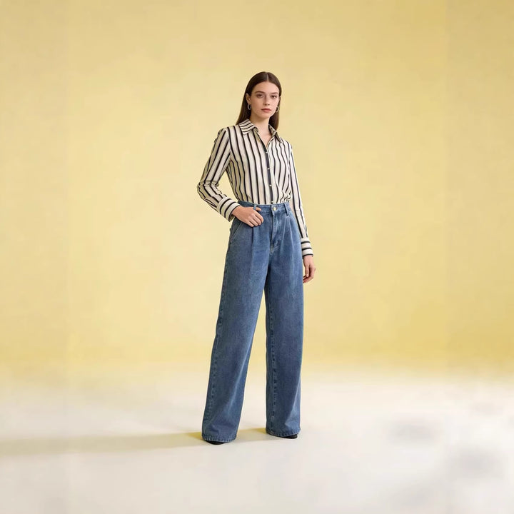 Women’s high-waisted pleated wide-leg jeans with a high waistband and belt loops Mune Fashion