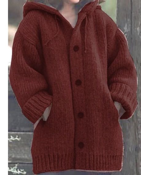Women's loose-fitting hoodie knit coat with button placket and side pockets Mune Fashion