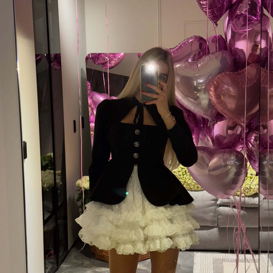 Women Two-Piece Velvet Blazer Dress with Bow Collar and Layered Lace Skirt Mune Fashion