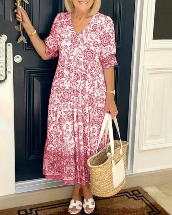 Women's Casual Tiered Midi Dress with V-Neck, Gathered Yoke and Ruffled Hem Mune Fashion