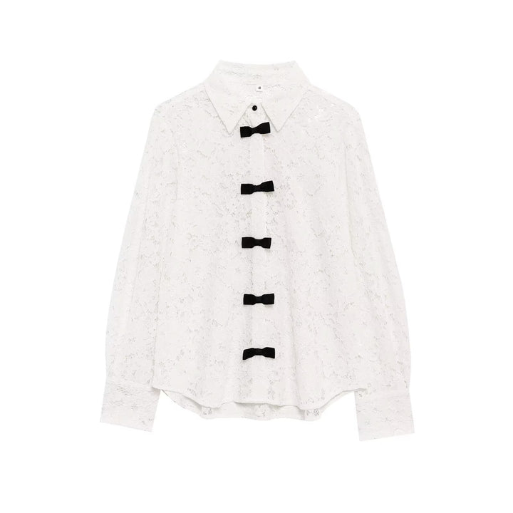 Women's Transparent Lace Blouse with Continuous Decorative Button Placket and Bow Applications Mune Fashion