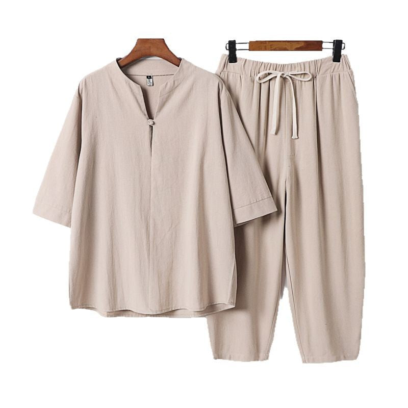 Women Lightweight Linen-Cotton Loungewear Set with Stand Collar, Three-Quarter Sleeves and Elasticated Waist Pants Mune Fashion