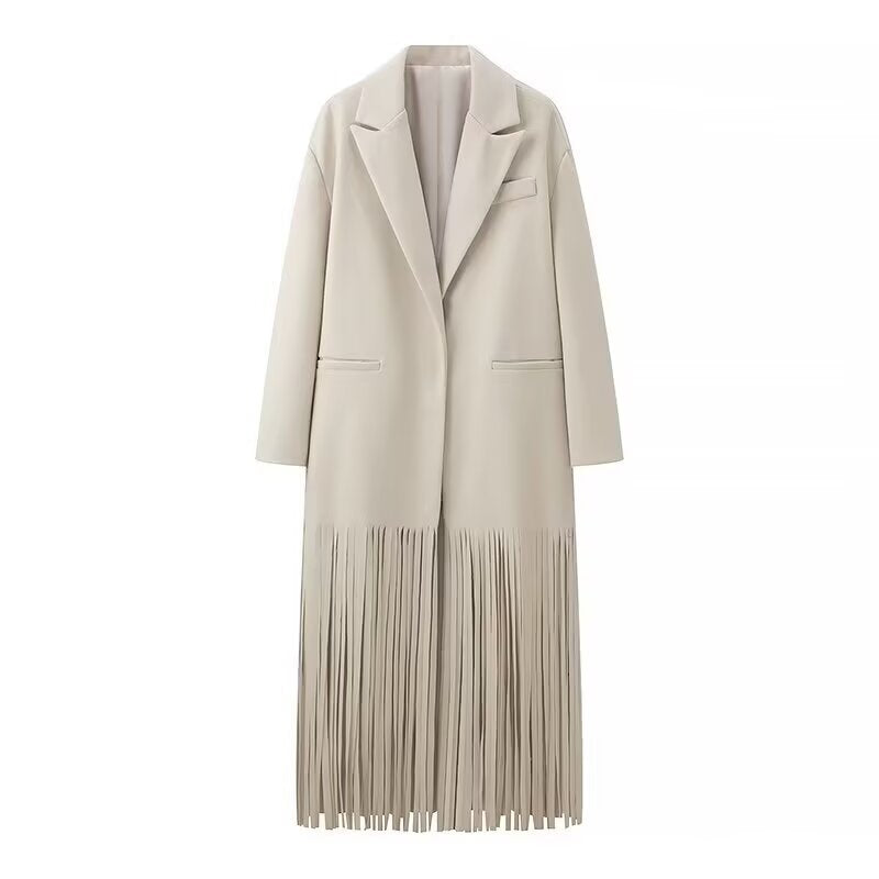 Women’s long coat with long fringe hem, boxy oversized silhouette, and lapel collar Mune Fashion