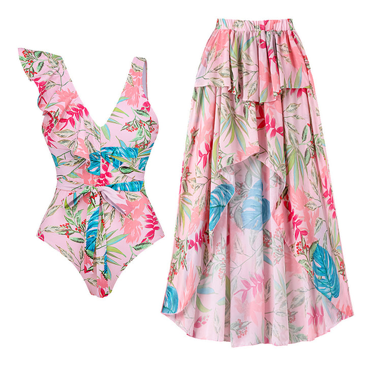 Women One-Piece Swimsuit with Stylish Ruffle Design and Floral Pattern Mune Fashion