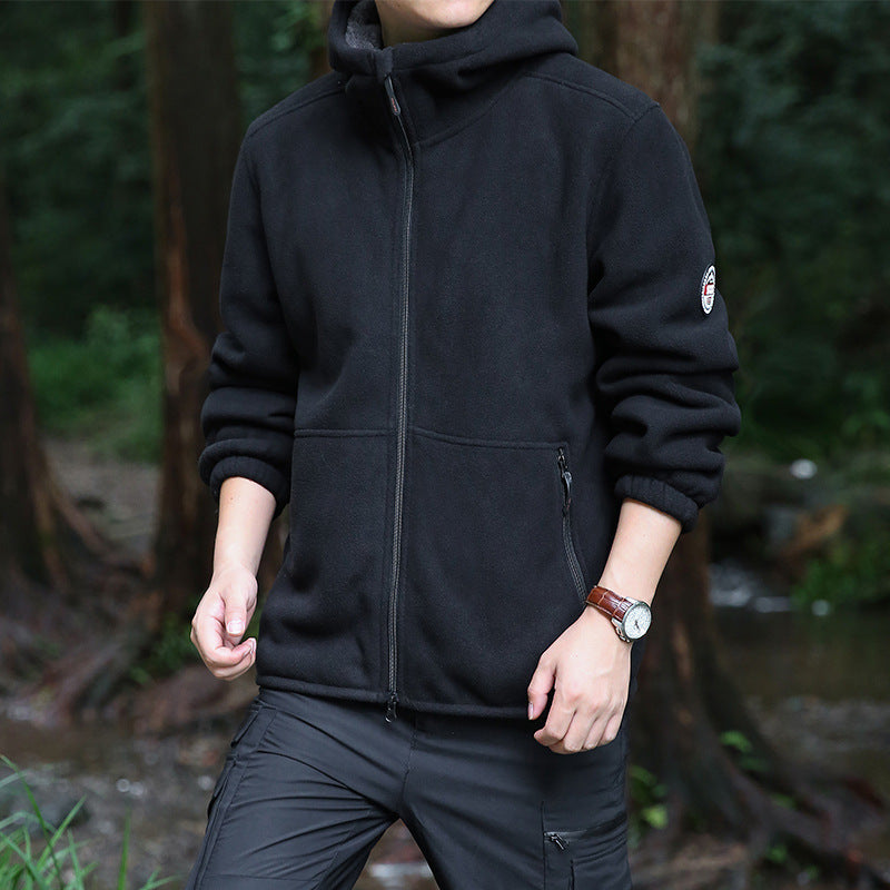 Men's fleece hooded jacket for outdoor with thermal lining, windproof surface and zip pockets Mune Fashion