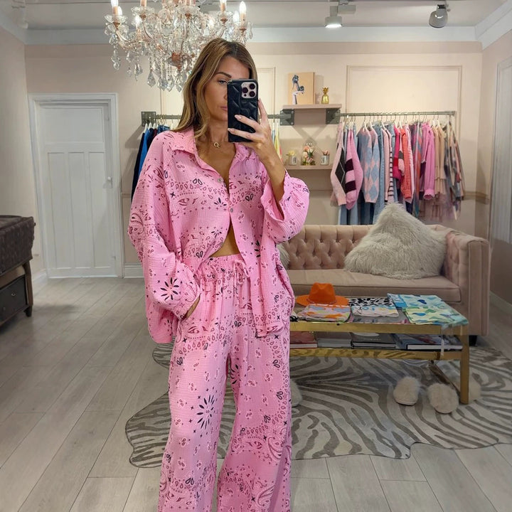 Women's airy lace embroidery beach two-piece set with oversized shirt, chest pocket, and wide palazzo pants Mune Fashion