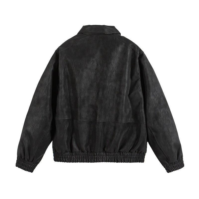 Men's leather-like blouson with shirt collar, two-way zipper, and elastic hem Mune Fashion