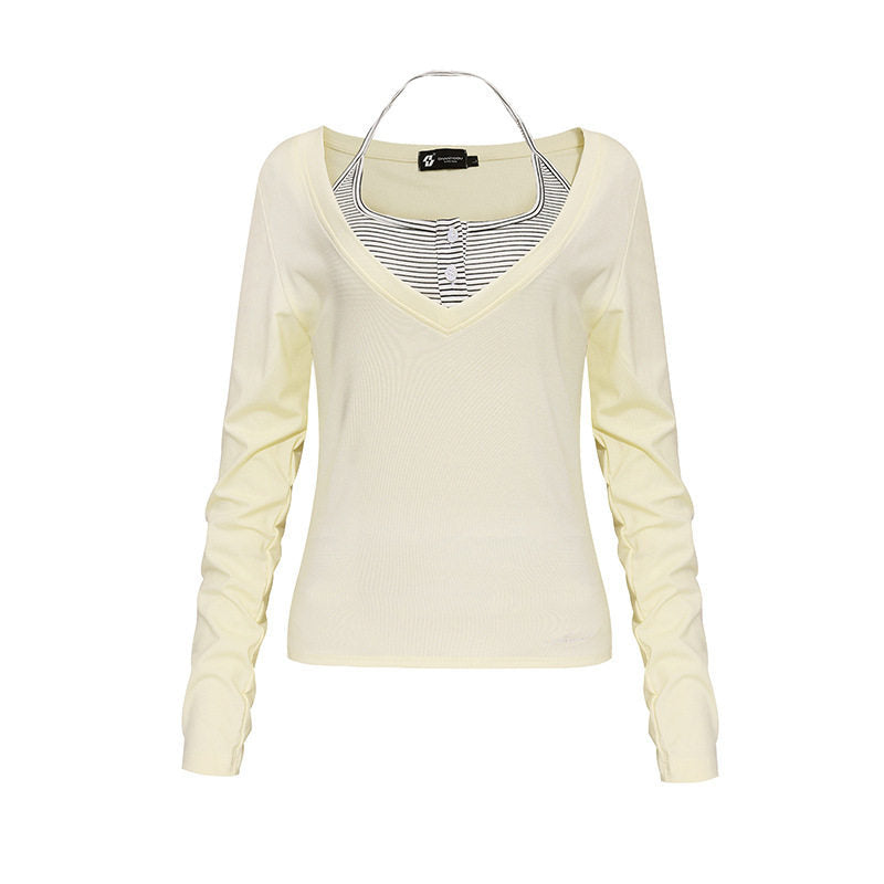 Women's long sleeve shirt with double layer effect, deep V-neck and striped insert Mune Fashion