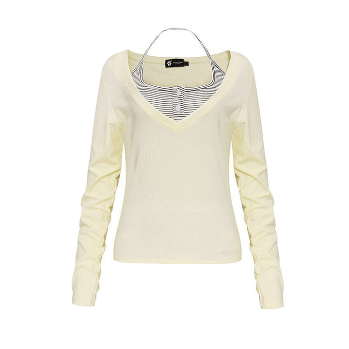 Women's long sleeve shirt with double layer effect, deep V-neck and striped insert Mune Fashion