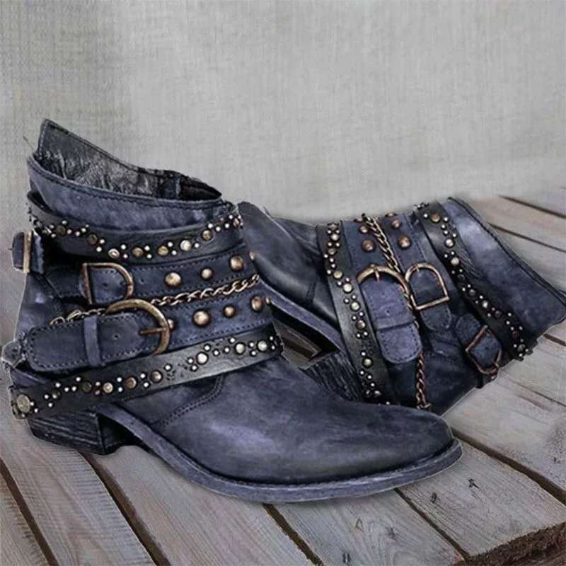Women's Western Ankle Boots with decorative buckle straps, studs, and chains Mune Fashion