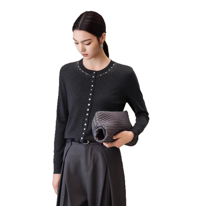 Women Fine Fine Knit Cardigan with Bead Decor at Crew Neck