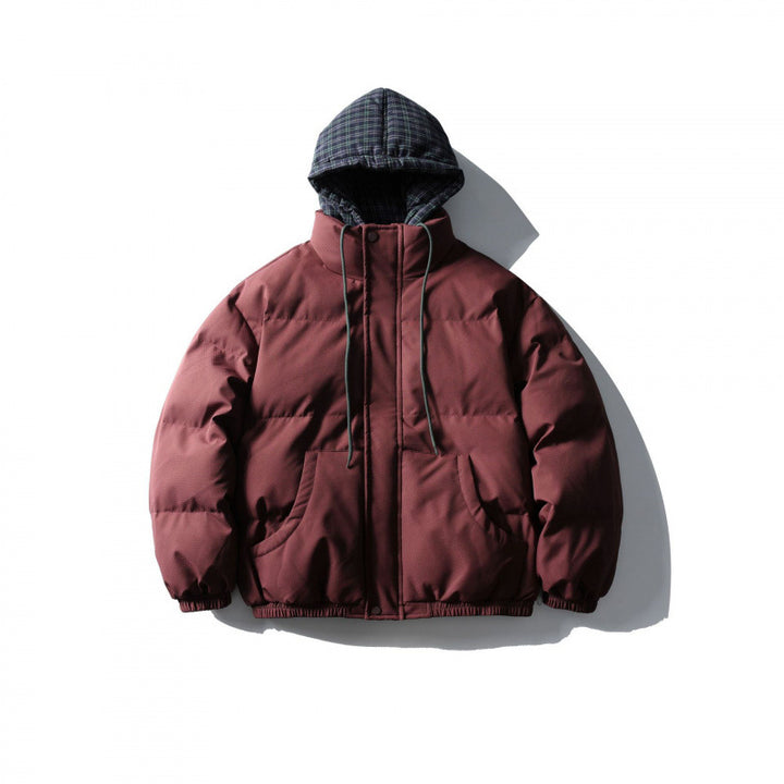 Unisex Padded Puffer Jacket in Boxy Cut with Checkered Insert Hood and High Stand-Up Collar Mune Fashion