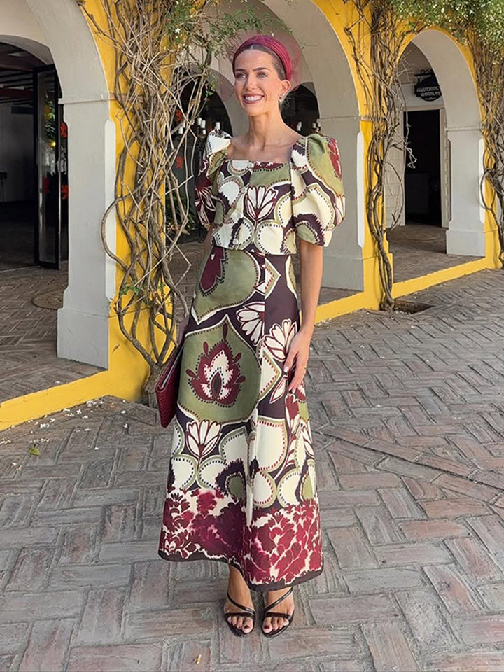 Women's Maxi Dress Set with Puff Sleeves, Tailored Midriff and Floral-Geometric Print Mune Fashion