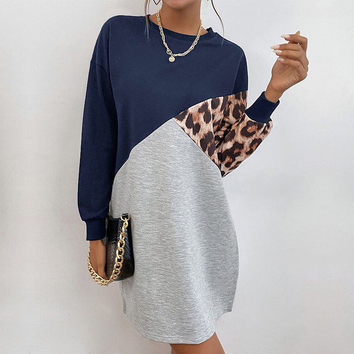 Ladies Oversized Sweat Dress with Color Block Design and Leopard Sleeves Mune Fashion