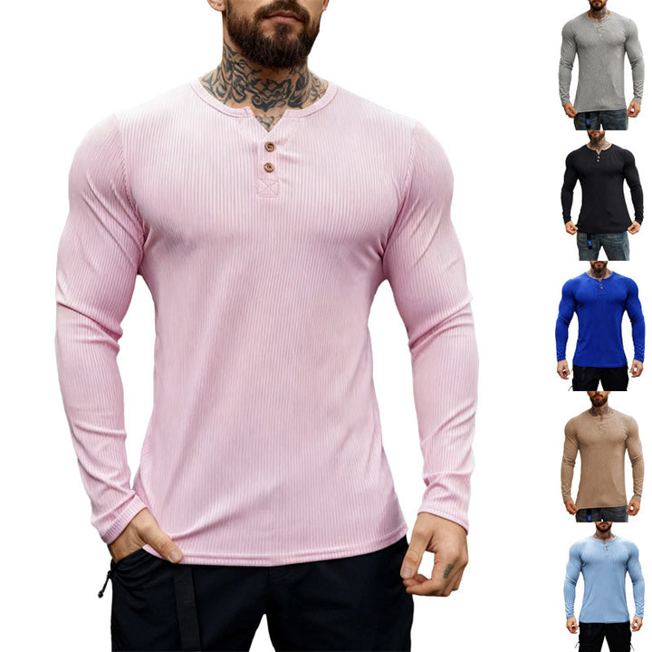 Men's ribbed long-sleeve Henley shirt with flat button placket and fitted stretch fit Mune Fashion