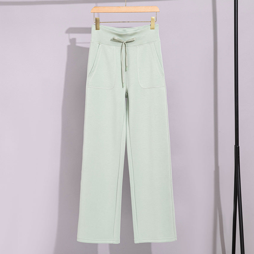 Women's Wide Cotton Terry Lounge Pants with High Waist and Drawstring Mune Fashion