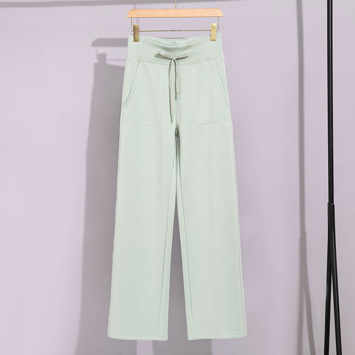 Women's Wide Cotton Terry Lounge Pants with High Waist and Drawstring Mune Fashion