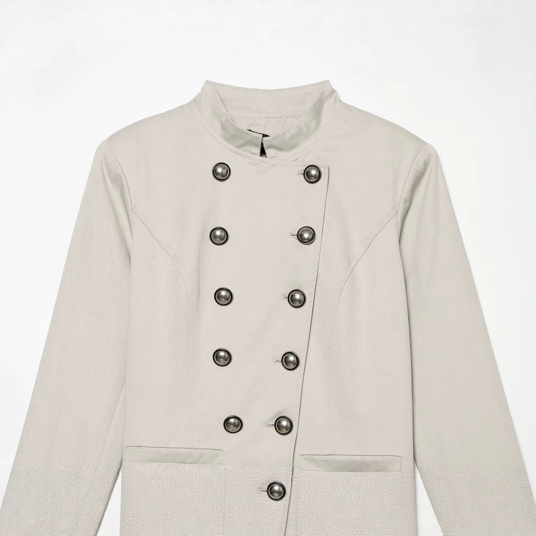 Women's tailored short blazer in sailor military style with stand-up collar and decorative buttons Mune Fashion