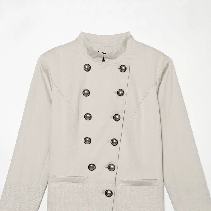 Women's tailored short blazer in sailor military style with stand-up collar and decorative buttons Mune Fashion