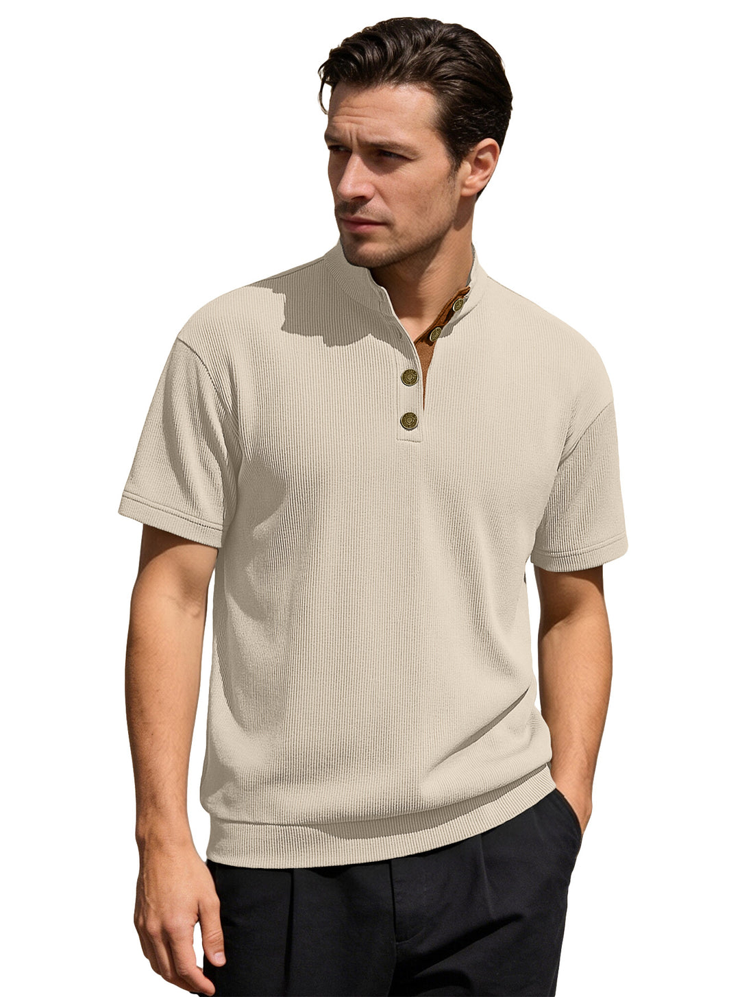 Men's Waffle Structure Short Sleeve Henley with Stand-Up Collar and Decorative Button Placket Mune Fashion