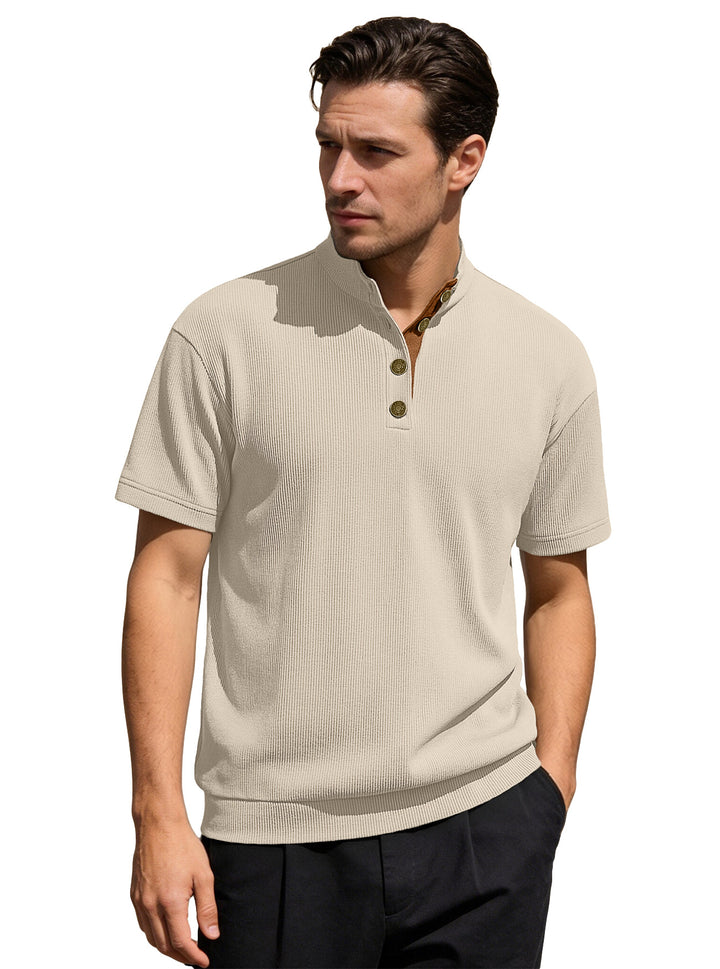 Men's Waffle Structure Short Sleeve Henley with Stand-Up Collar and Decorative Button Placket Mune Fashion