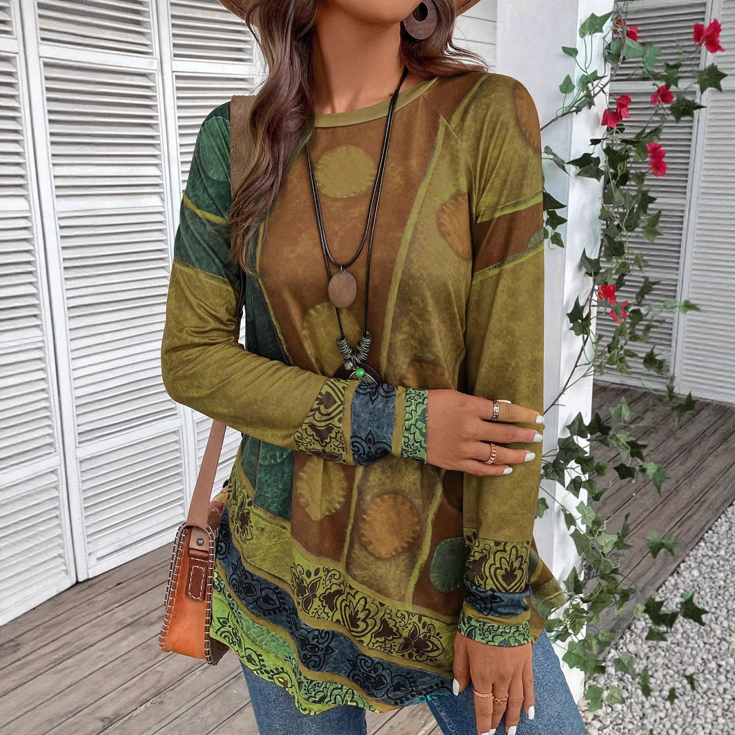 Women's Long Sleeve Shirt with Boho Print and Patchwork Sleeves Mune Fashion