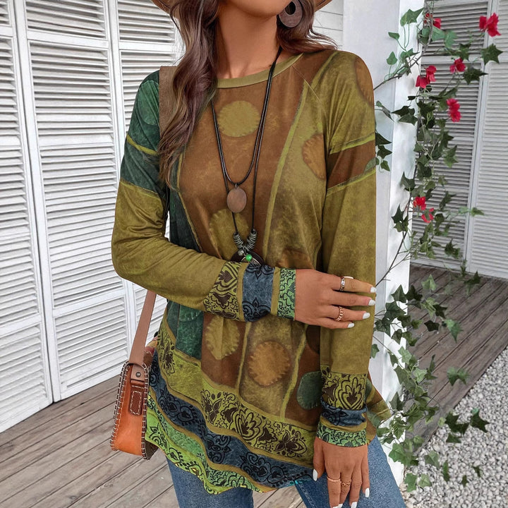 Women's Long Sleeve Shirt with Boho Print and Patchwork Sleeves Mune Fashion