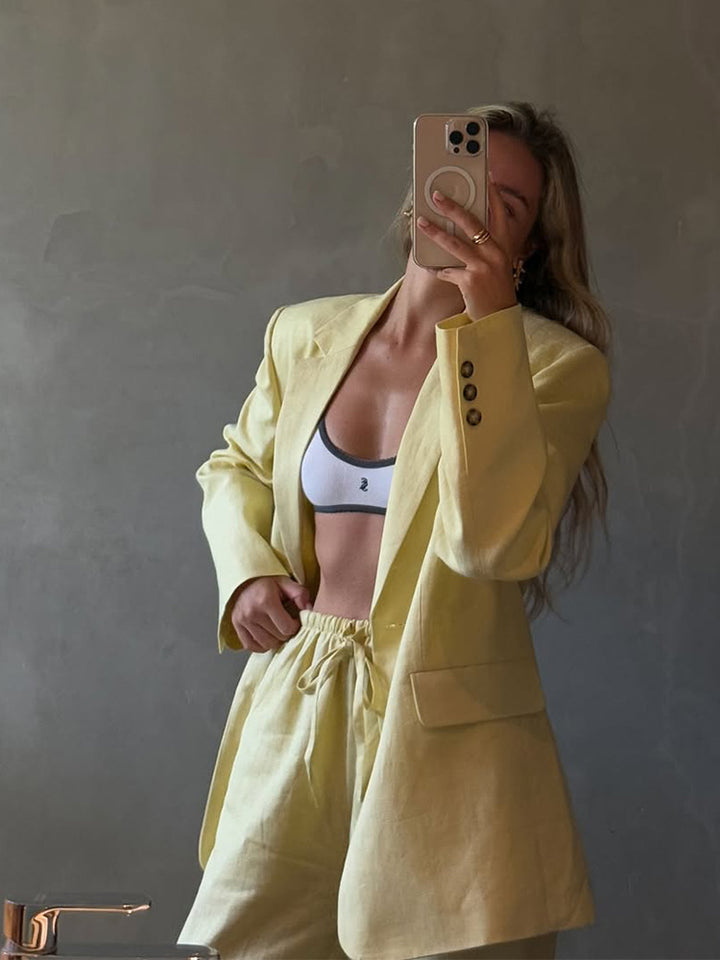 Women's Lightweight Linen Set with Loose-Fitting Blazer and High-Waisted Shorts Mune Fashion