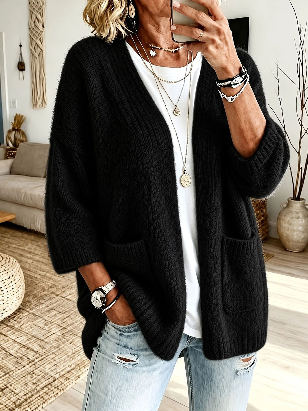 Women's Open Long Cardigan in Mohair Look with Patch Pockets and Dropped Shoulder Mune Fashion
