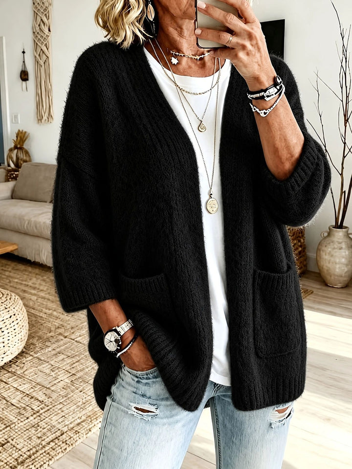 Women's Open Long Cardigan in Mohair Look with Patch Pockets and Dropped Shoulder Mune Fashion