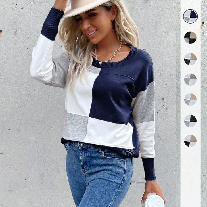 Women's casual fine knit sweater in block check pattern with ribbed hem and relaxed fit Mune Fashion