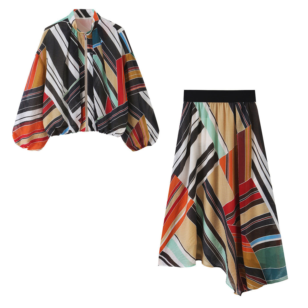 Ladies Lightweight Oversized Bomber Jacket with Geometric Print, Balloon Sleeves and Zip